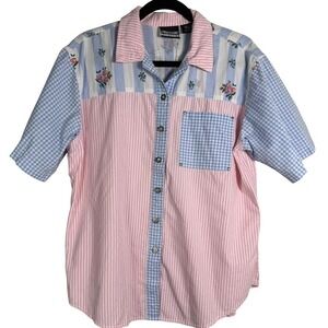 White Stag pink & blue striped floral button up shirt short sleeve‎ cottagecore